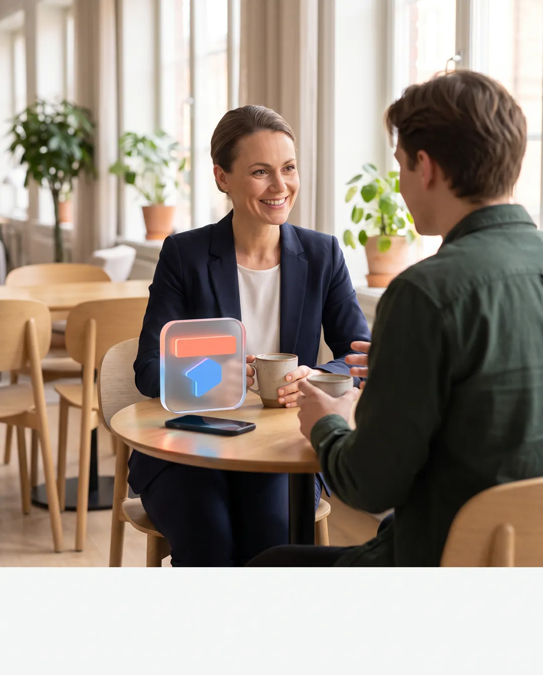 Investeraren i ett möte med en founder på ett kafé. Telefonen ligger på bordet och Taplos ikon svävar ovanför.