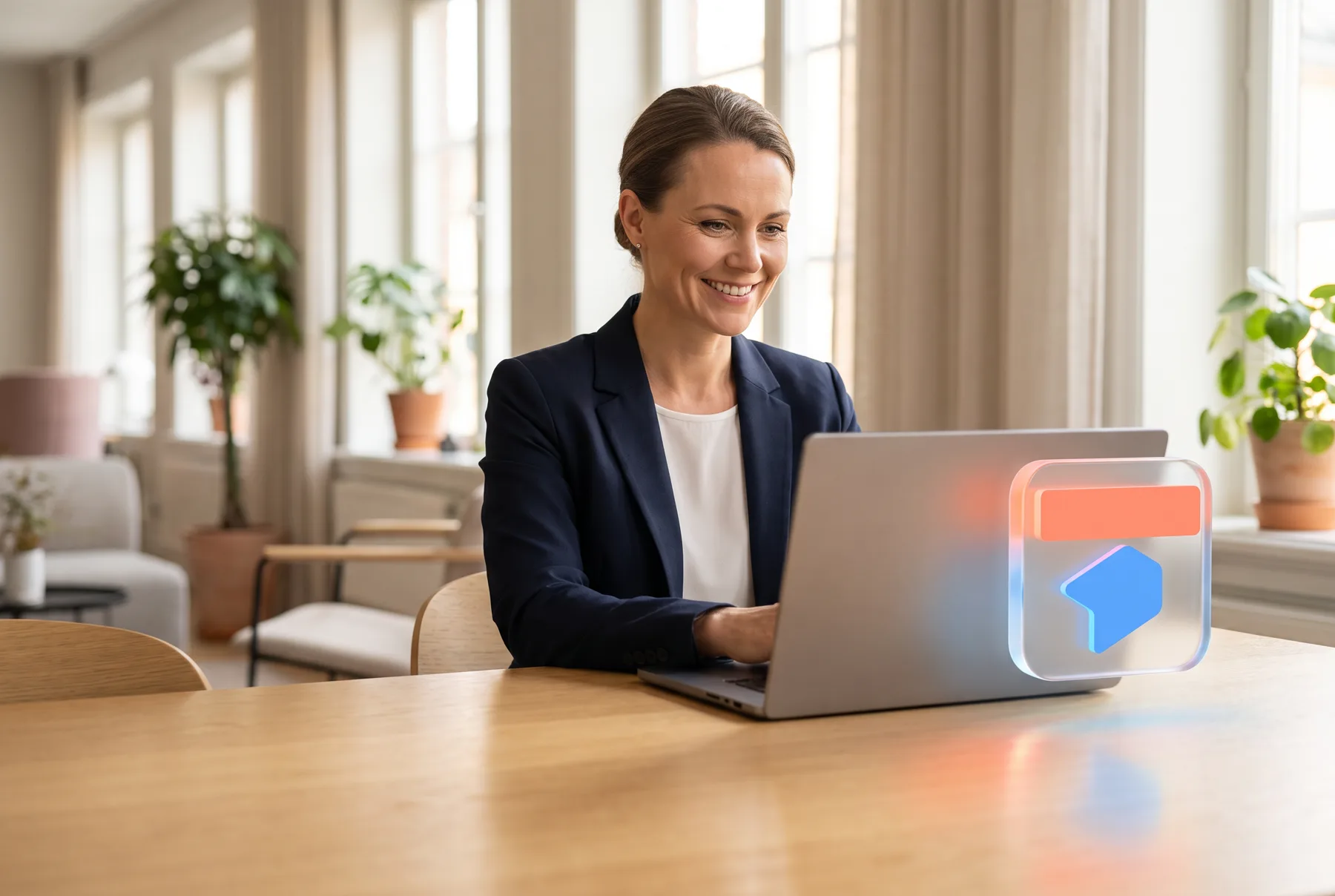 En investerare i kostym vid sin laptop. Taplos ikon svävar i glas bredvid skärmen medan Taplo arbetar: spelar in mötet, läser pitchdecket, researchar grundaren, förbereder mötet, räknar på modellen och går igenom datarummet.